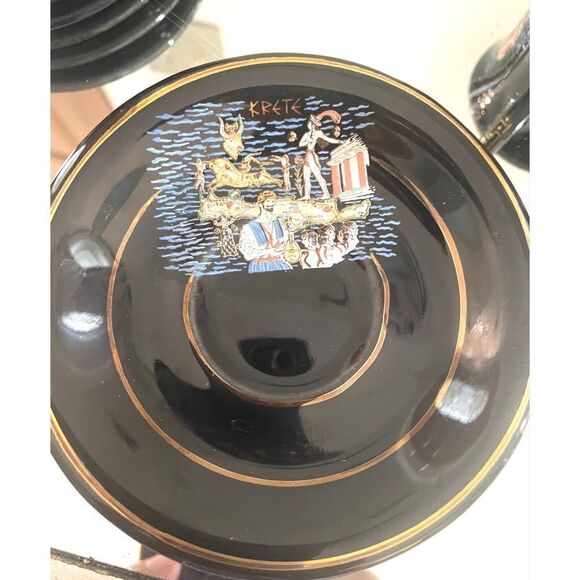 24k Gold Greek Krete Demistasse Teacups & Saucer Handmade in Greece Black/Gold - Picture 3 of 9
